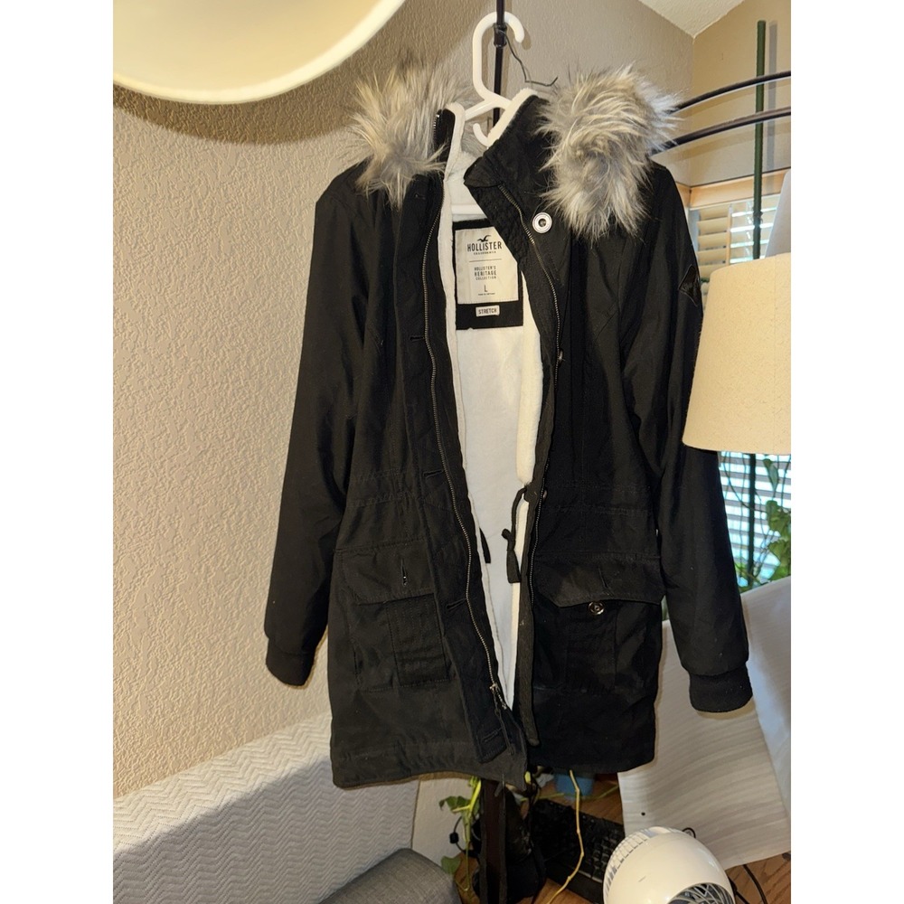 HOLLISTER FAUX TEDDY LINED PARKA JACKET COAT BLACK WOMENS SIZE L Sherpa Soft Fur - Picture 2 of 8